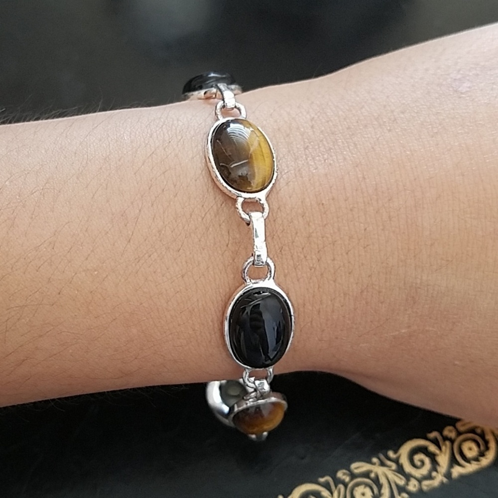Sterling Silver Onyx Tiger's Eye Bracelet